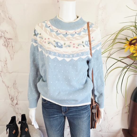 Vintige Women's Nordic Intarsia Blue Patterned Sweater - Picture 2 of 7